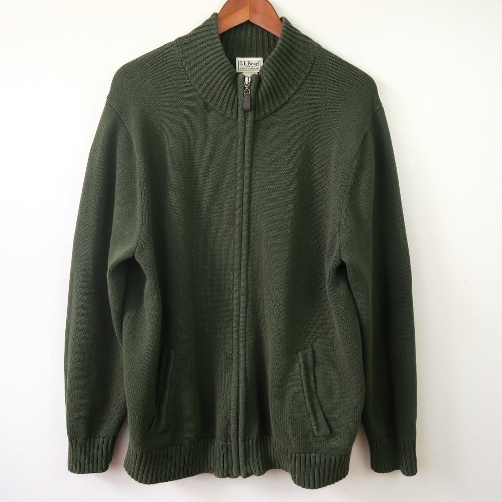 L.L. Bean Green Double L Cotton Cardigan Sweater